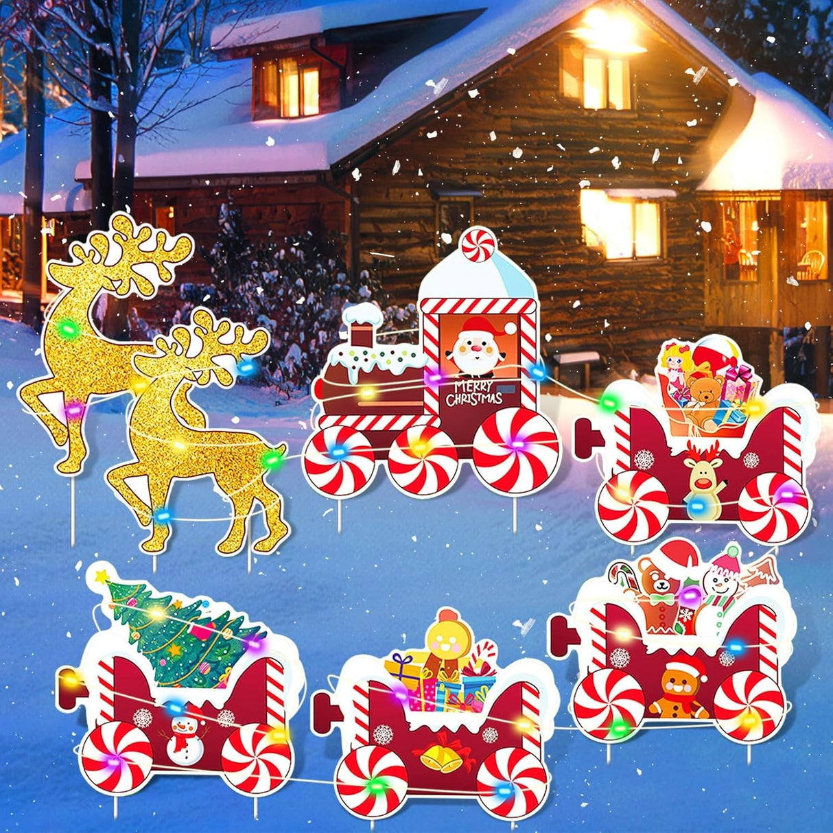 Decoratiune de Craciun, Vivimall, pentru Gradina, Tip Trenulet, 7 Figurine + Bete de Infipt in Pamant, din Plastic, Impermeabil, Model Renii Joy si Noel, Multicolor - vivimall.ro