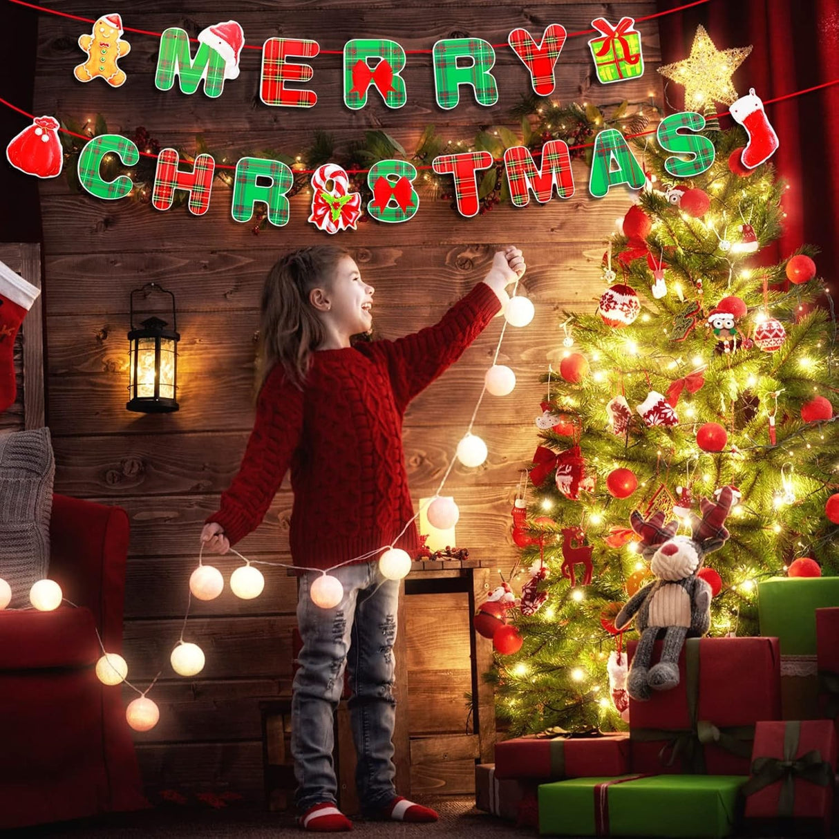 Decoratiune de Craciun, Vivimall, Tip Banner, pentru Usa sau Perete, Litere 12 x 13 cm, Multicolor, 18 Piese, Sfoara Inclusa, Merry Christmas - vivimall.ro