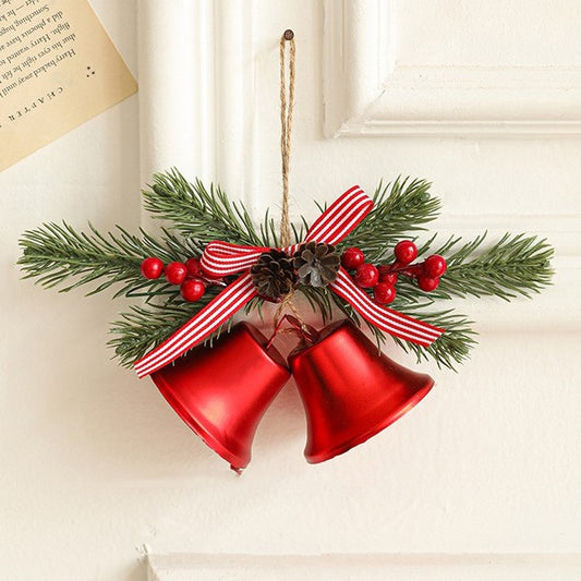Decoratiune de Craciun pentru Brad, Vivimall, Model 2 Clopotei de Craciun cu Crenguta de Brad, Decoratiune pentru Interior de Craciun, Rosu lucios - vivimall.ro