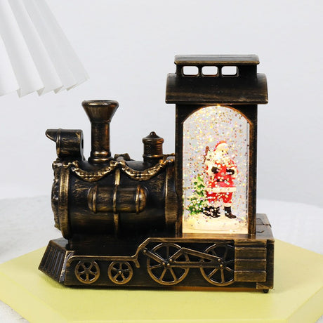 Decoratiune de Craciun tip Locomotiva, Vivimall, Glob de Cristal cu Fulgi de Zapada, Model Mos Craciun, Iluminare LED, 11.5 x 12.5 x 6 cm, Carcasa Vintage Bronze, Transparent - vivimall.ro