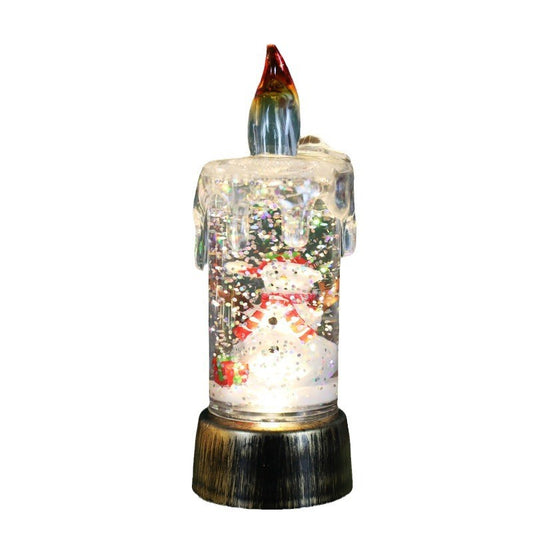 Decoratiune de Craciun tip Lumanare, Vivimall, Lumanare de Cristal cu Fulgi de Zapada, Model Om de Zapada cu Sclipici, Iluminare LED, 13 x 5 x 5 cm, Baza Vintage Bronze, Transparent - vivimall.ro