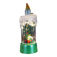 Lumânare de cristal brad cu LED aprins, model glob de zăpadă, vedere frontală, 13x5 cm, bază verde