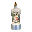 Lumânare LED decorativă de Crăciun cu Om de Zăpadă, vedere frontală, corp transparent, bază gri, 13 cm