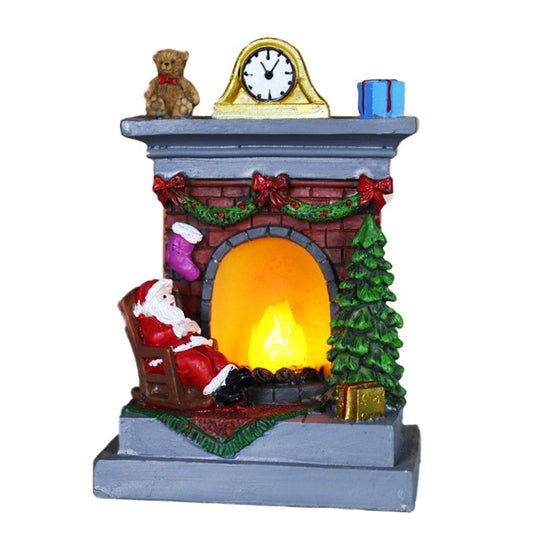 Decoratiune de Craciun tip Semineu, Vivimall, Semineu Decorativ cu Foc din Rasina, Model Semineu cu Mos Craciun, Flacara Iluminare LED, 13.5 x 9 x 6 cm, Gri Rosu - vivimall.ro