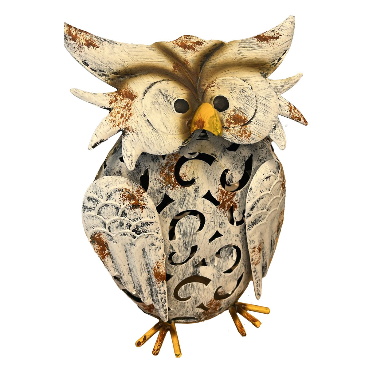 Decoratiune de Gradina cu Lampa solara, Flippy, Model Bufnita, Iluminare Led si Incarcare Solara, 20.5 x 10 x 25.5 cm, din Fier, Gri Alb - vivimall.ro