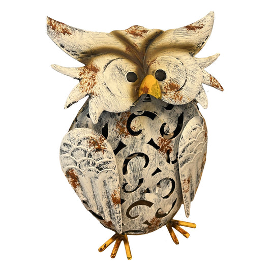 Decoratiune de Gradina cu Lampa solara, Vivimall, Model Bufnita, Iluminare Led si Incarcare Solara, 20.5 x 10 x 25.5 cm, din Fier, Gri Alb - vivimall.ro