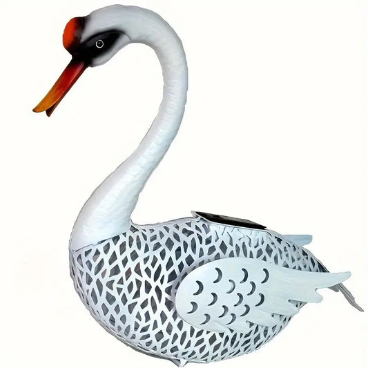 Decoratiune de Gradina cu Lampa solara, Vivimall, Model Lebada, Iluminare Led si Incarcare Solara, 39.5 x 35.5 x 14 cm, din Fier, Alb - vivimall.ro