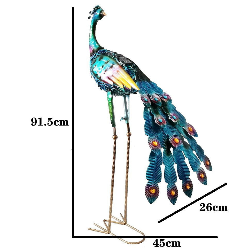 Decoratiune de Gradina cu Lampa solara, Flippy, Model Paun, Iluminare Led si Incarcare Solara, 91.5 x 45 x 26 cm, din Fier, Albastru azur - vivimall.ro