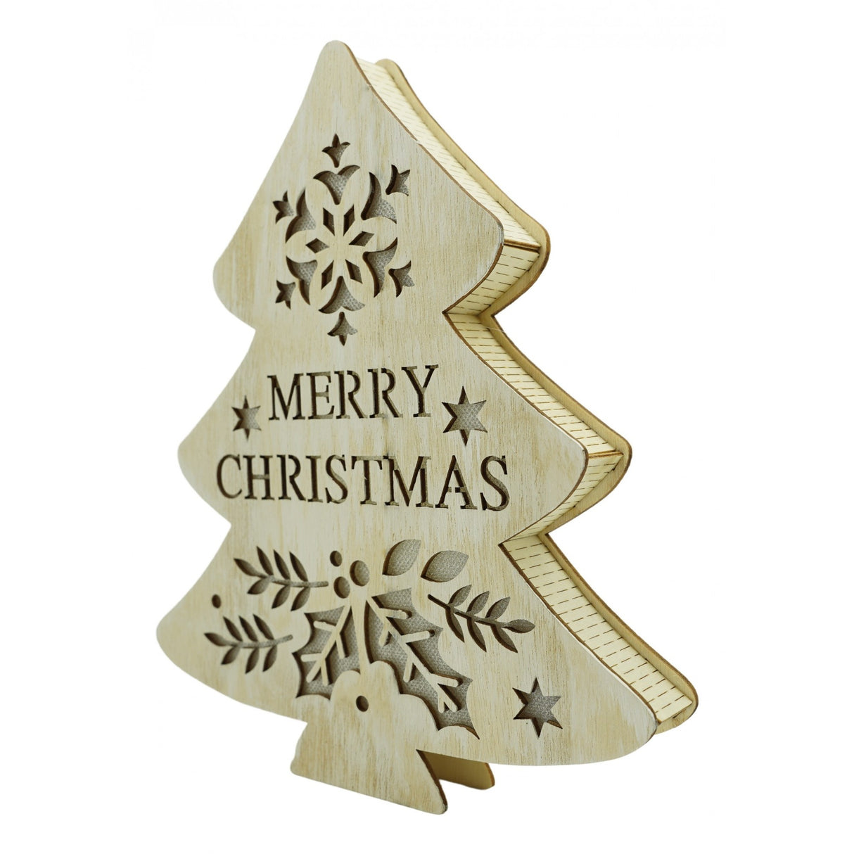 Decoratiune luminoasa, model de  Brad cu inscriptie Marry Christmas, alb, lungime: 19 cm, latime: 3 cm, inaltime: 22 cm, lemn, interior/exterior - vivimall.ro