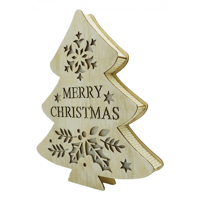 Decoratiune luminoasa, model de  Brad cu inscriptie Marry Christmas, alb, lungime: 19 cm, latime: 3 cm, inaltime: 22 cm, lemn, interior/exterior - vivimall.ro