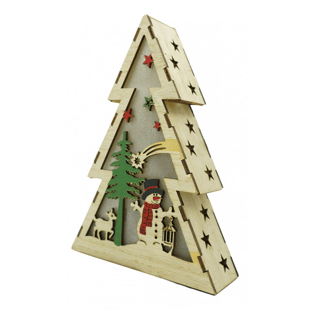 Decoratiune luminoasa, model de Brad cu Om de zapada, maro, lungime: 14 cm, latime: 5 cm, inaltime: 20 cm, lemn, interior/exterior - vivimall.ro