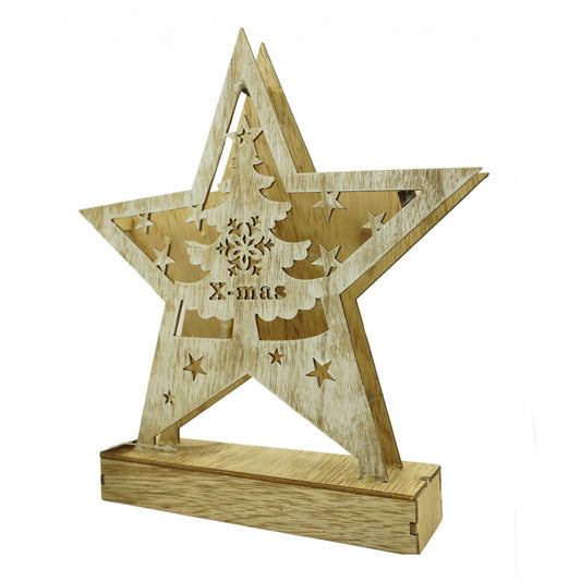 Decoratiune luminoasa, model de Stea cu Brad si inscriptie Marry Christmas, alb, lungime: 19 cm, latime: 5 cm, inaltime: 26 cm, lemn, interior/exterior - vivimall.ro