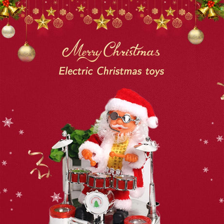 Decoratiune Mos Craciun, Vivimall, Animat, care Canta si Danseaza, cu Tobe, Imbracat Festiv, 20x17 cm Inaltime, Rosu - vivimall.ro