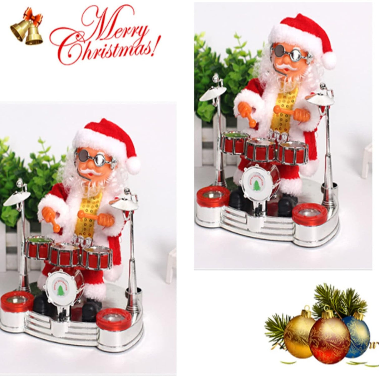 Decoratiune Mos Craciun, Vivimall, Animat, care Canta si Danseaza, cu Tobe, Imbracat Festiv, 20x17 cm Inaltime, Rosu - vivimall.ro