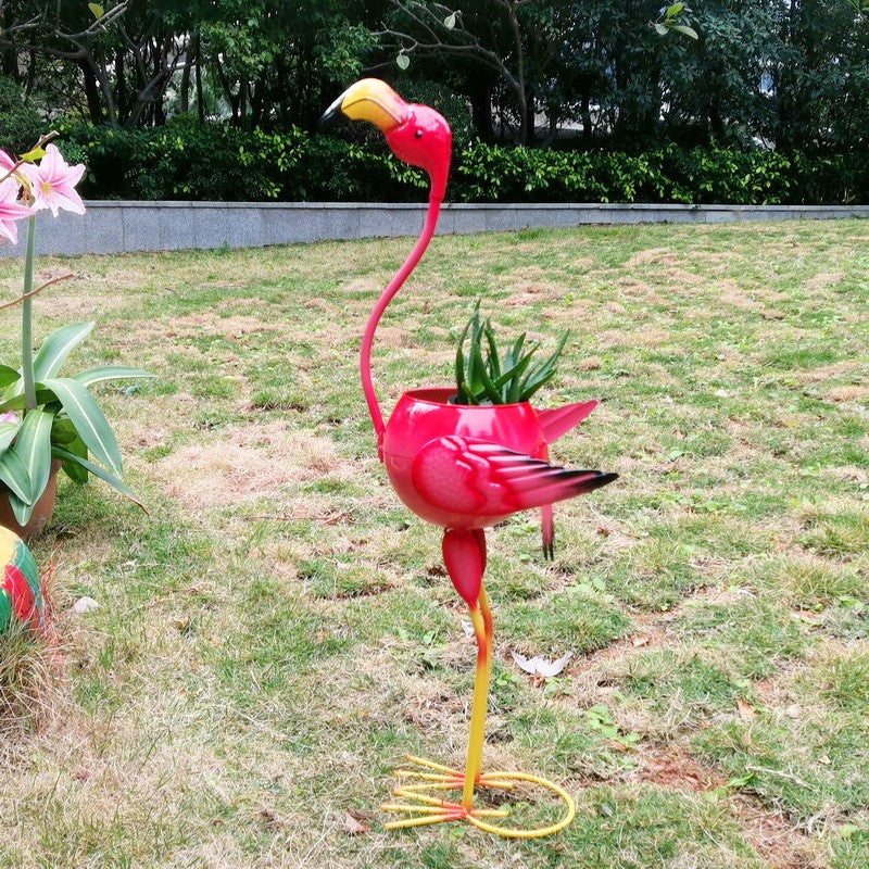 Decoratiune pentru Gradina, Flippy, Flamingo pentru Gradina cu Suport pentru Plante Flori, Ornament de Ghiveci de Flori, Model Flamingo, din Fier, 73 x 34 x 22 cm, Roz - vivimall.ro