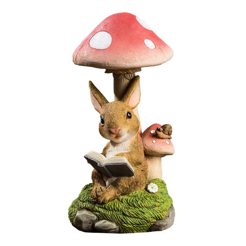 Decoratiune pentru Gradina, Vivimall, Lumini LED cu Incarcare solara, 19.5 x 9.5 x 9.5 cm, Model Ciuperca cu Iepuras care Citeste, Maro deschis - vivimall.ro