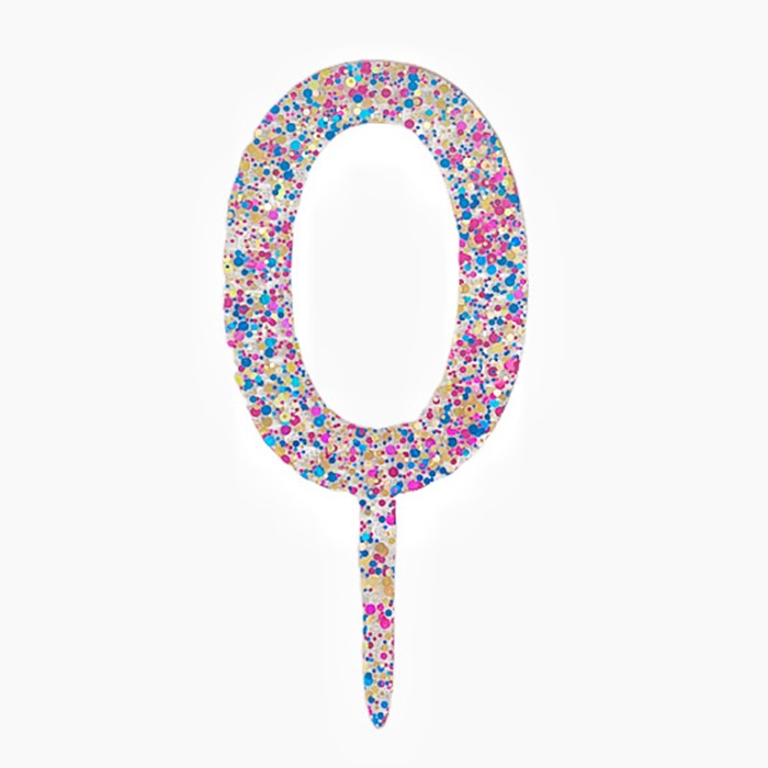 Topper tort cifra 0 din acrilic transparent cu sclipici multicolor, înălțime 18,5 cm, vedere frontală