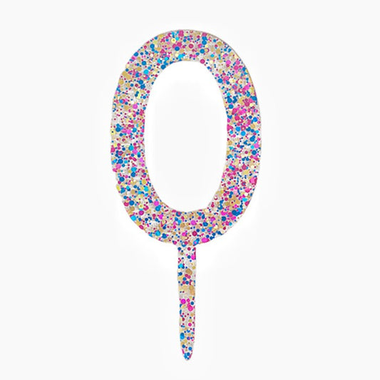 Decoratiune Topper pentru Tort, Vivimall, din Acrilic cu Fulgi de Sclipici, Model Cifra 0, Inaltime 18.5 cm, Transparent Multicolor - vivimall.ro