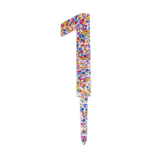 Decoratiune Topper pentru Tort, Vivimall, din Acrilic cu Fulgi de Sclipici, Model Cifra 1, Inaltime 18.5 cm, Transparent Multicolor- - vivimall.ro