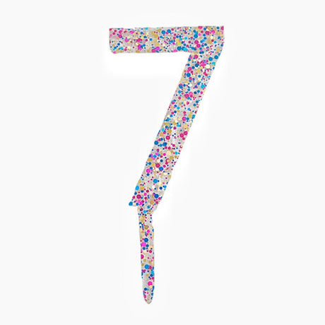 Decoratiune Topper pentru Tort, Flippy, din Acrilic cu Fulgi de Sclipici, Model Cifra 7, Inaltime 18.5 cm, Transparent Multicolor- - vivimall.ro