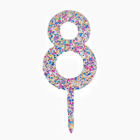 Decoratiune Topper pentru Tort, Flippy, din Acrilic cu Fulgi de Sclipici, Model Cifra 8, Inaltime 18.5 cm, Transparent Multicolor- - vivimall.ro