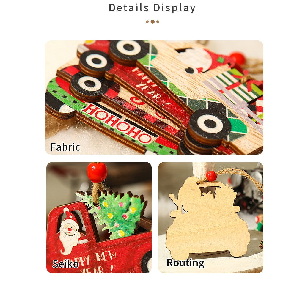 Decoratiune de Craciun din Lemn, Vivimall, cu Snur pentru Agatare in Brad, Model Masina lui Mos Craciun, Scris HoHoHO, 8x8x0.4 cm, Multicolor - vivimall.ro