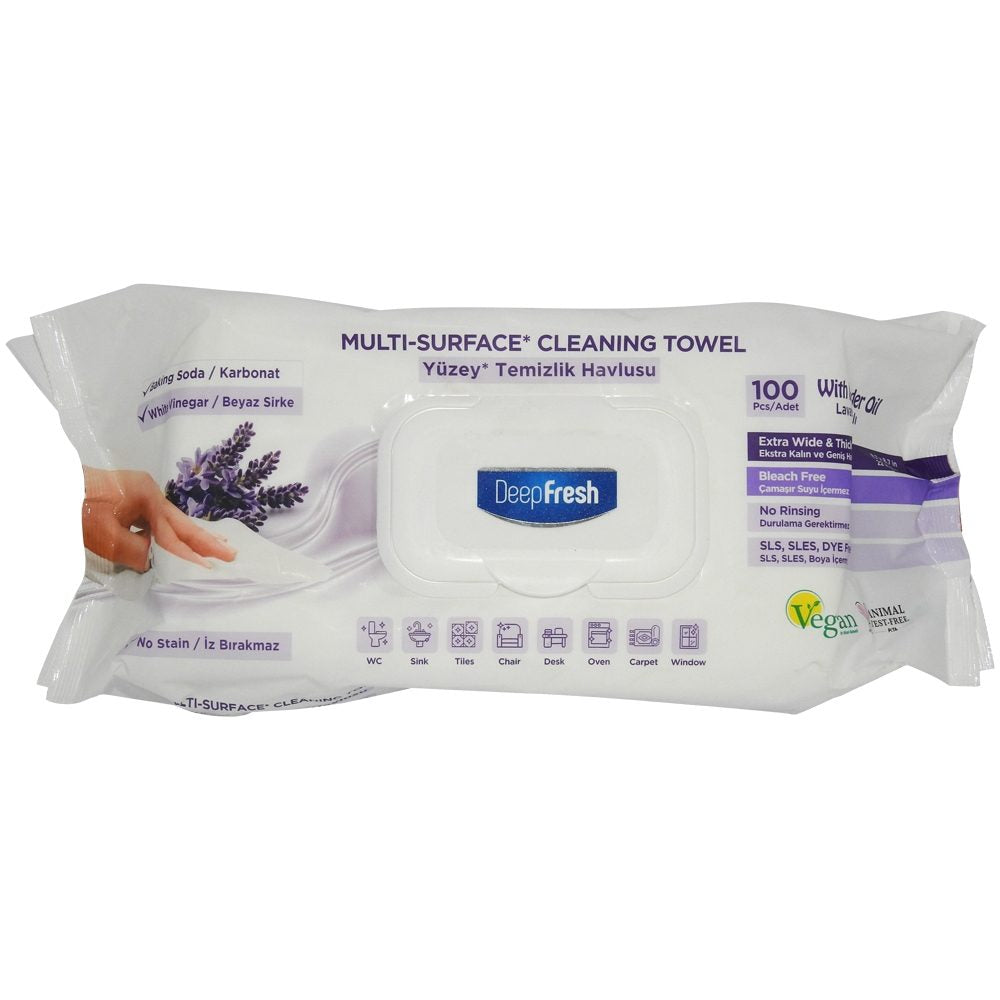 Șervețele umede Deep Fresh multisuprafețe cu parfum de lavandă, set 100 bucăți, ambalaj cu capac resigurabil