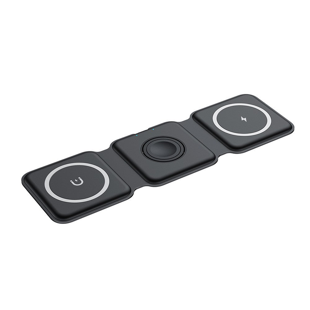 Încărcător wireless magnetic pliabil 3în1, 15W, negru, vedere frontală deschisă cu telefon și Apple Watch