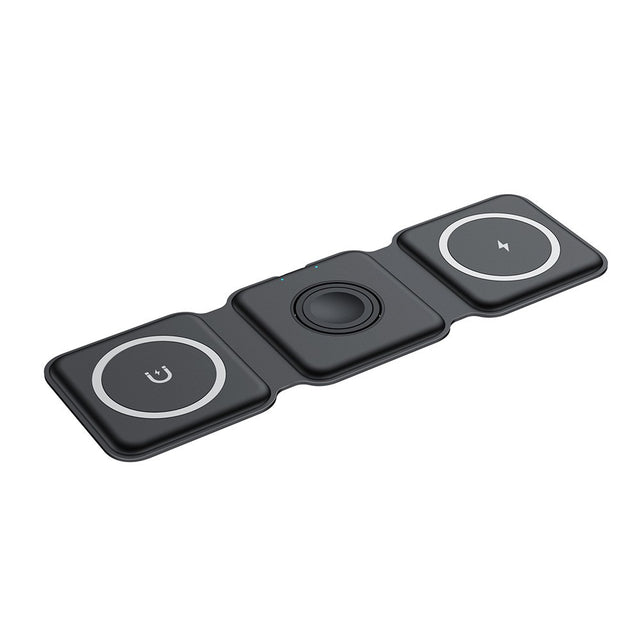 Încărcător wireless magnetic pliabil 3în1, 15W, negru, vedere frontală deschisă cu telefon și Apple Watch