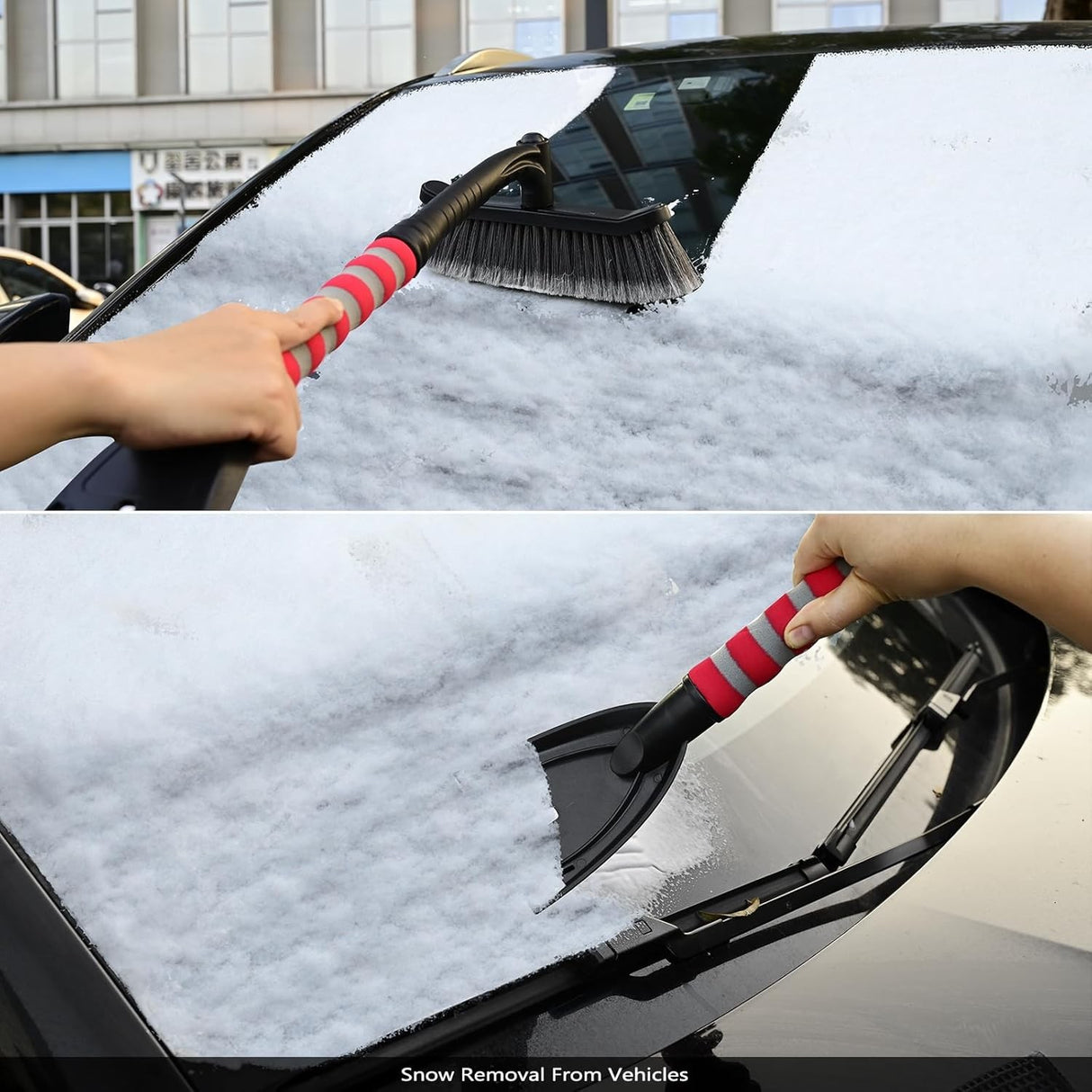 Perie de Zapada cu Racleta pentru Masina, Vivimall, Multifunctionala, Rotativa, Demontabila, cu Maner Antiderapant, Aluminiu, Plastic, Fragmentarea Ghetii de pe Parbriz, Solutia pentru Iarna, pentru Dezghetare, 54x10.5x27 cm, Rosie - vivimall.ro