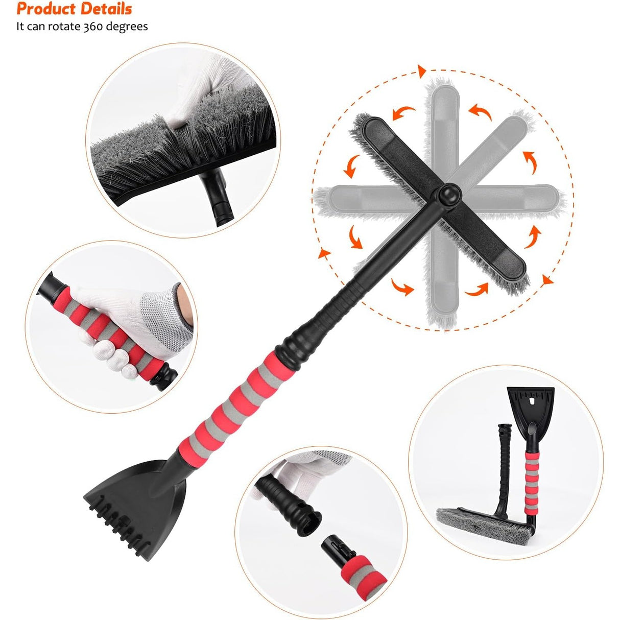 Perie de Zapada cu Racleta pentru Masina, Vivimall, Multifunctionala, Rotativa, Demontabila, cu Maner Antiderapant, Aluminiu, Plastic, Fragmentarea Ghetii de pe Parbriz, Solutia pentru Iarna, pentru Dezghetare, 54x10.5x27 cm, Rosie - vivimall.ro