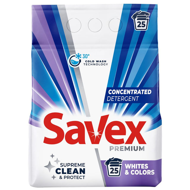 Detergent automat Savex Whites și Colors, ambalaj 2 kg pentru 25 spălări, rufe albe și colorate