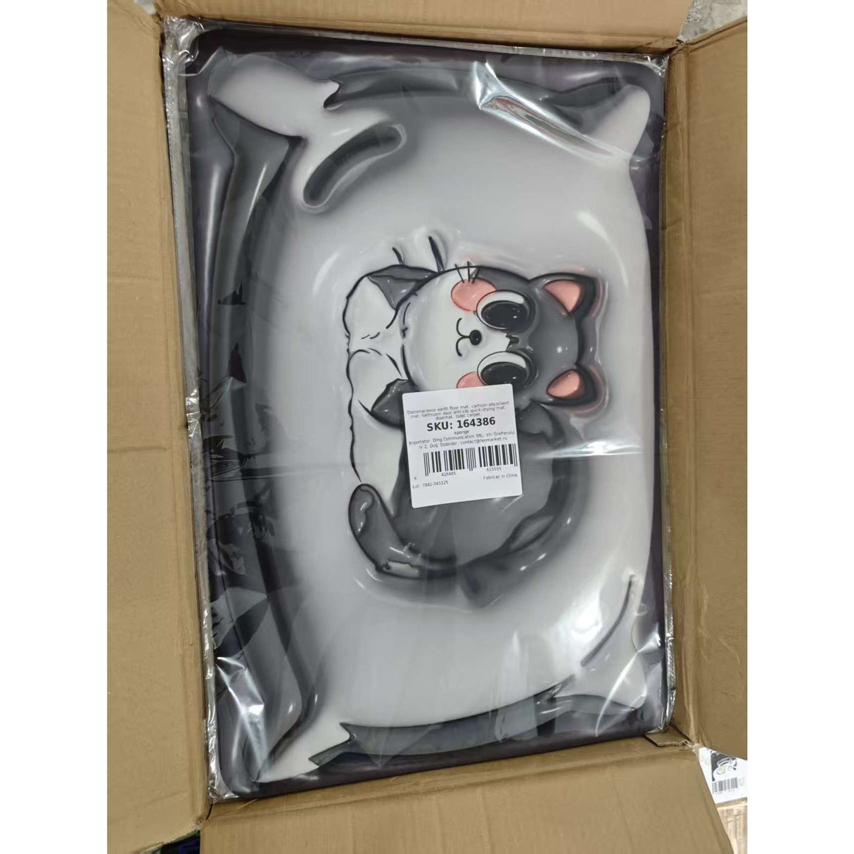 Covor baie Vivimall 3D gri în uz, antiderapant pe podea de baie, model pisică 40x60 cm
