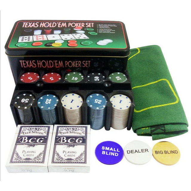 Set de Poker Complex cu 200 de jetoane Vivimall, Include 2 seturi de carti, Texas Hold`em set, portabil, cutie depozitare - vivimall.ro