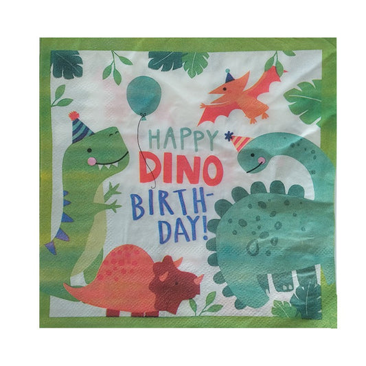 Set 20 de Servetele de Masa Happy Birthday, Vivimall, Model Dinozauri, Tematica Aniversare, 33x33 cm, Verde - vivimall.ro