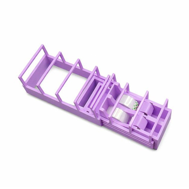 Dispenser bandă adezivă din plastic violet, vedere frontală, dimensiuni 15,5 x 7,7 x 7,4 cm