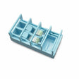Dispenser bandă adezivă albastru deschis din plastic, vedere frontală, dimensiuni 15,5 x 7,7 x 7,4 cm