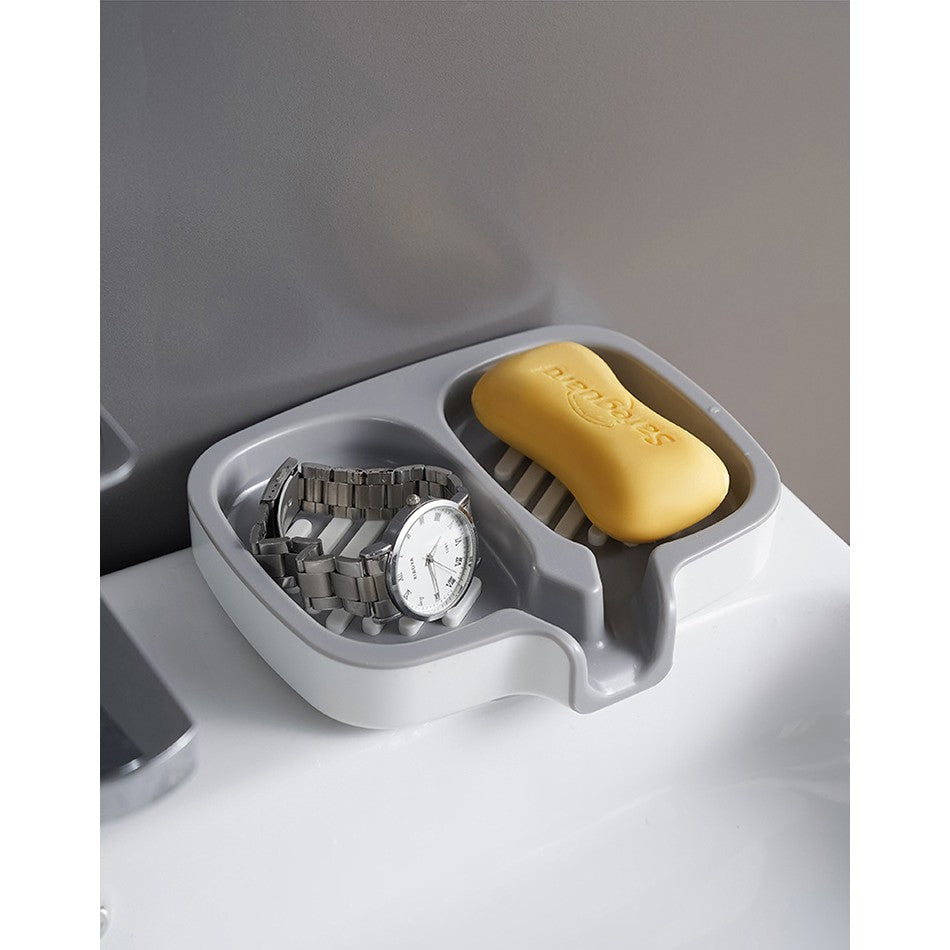 Savoniera Dubla, Vivimall, Sistem de Scurgere a Apei, din ABS, 14.5 x 18 x 3 cm, Alb/Gri - vivimall.ro