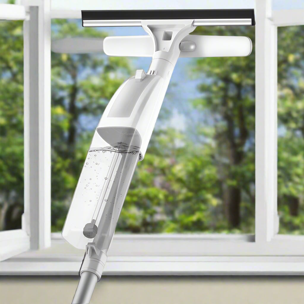 Ștergător De Geamuri, Cu Două Fețe, Tijă Telescopică, Cu Recipient De Lichid, Lavetă Din Microfibră, Racletă Silicon, 120 cm, Alb - vivimall.ro