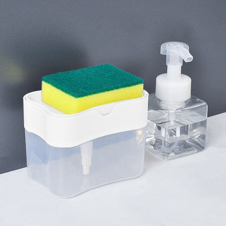 Dozator Dispenser 2 In 1 Pentru Detergent Lichid De Vase Sau Pentru Obiecte Sanitare Cu Suport Pentru Burete De Bucatarie,14 X 10.5 X 10 Cm, Capacitate 380 Ml - vivimall.ro