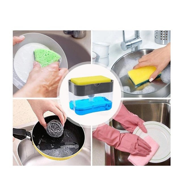Dozator Dispenser 2 In 1 Pentru Detergent Lichid De Vase Sau Pentru Obiecte Sanitare Cu Suport Pentru Burete De Bucatarie,14 X 10.5 X 10 Cm, Capacitate 380 Ml - vivimall.ro