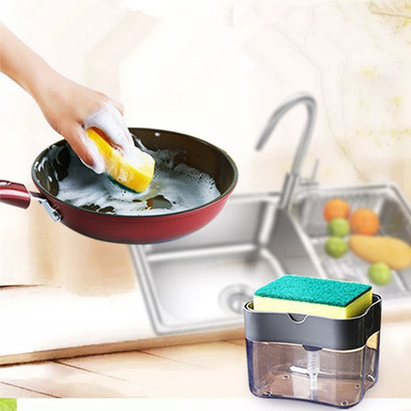 Dozator Dispenser 2 In 1 Pentru Detergent Lichid De Vase Sau Pentru Obiecte Sanitare Cu Suport Pentru Burete De Bucatarie,14 X 10.5 X 10 Cm, Capacitate 380 Ml - vivimall.ro