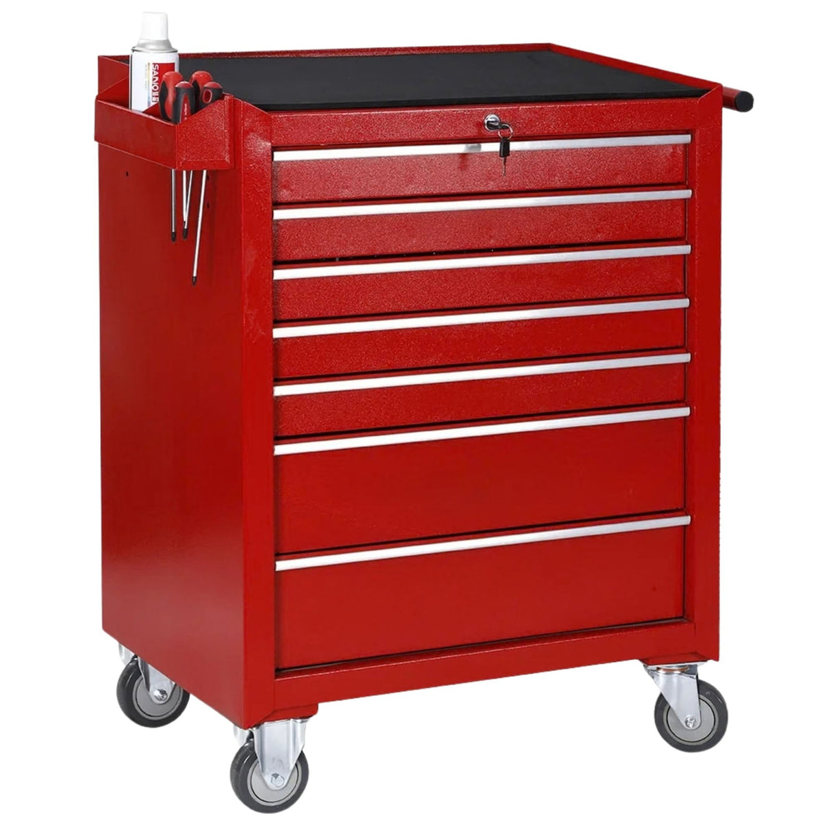 Sertarele deschise ale căruciorului Flippy pentru scule, detaliu interior organizare atelier