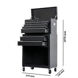 Detaliu sertare dulap scule Flippy, 8 sertare metalice organizate cu suprafețe anti-alunecare, culoare negru
