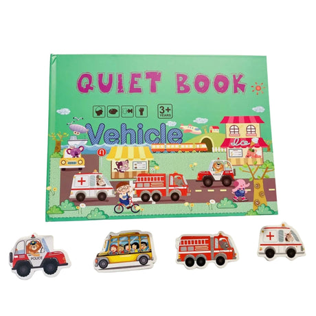 Quiet Book Flippy Vehicule și Mașini, vedere frontală copertă, carte senzorială cu stickere reutilizabile pentru copii 3 ani