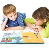 Quiet Book Flippy deschis, detaliu pagini cu stickere velcro multicolor și exerciții logice Montessori