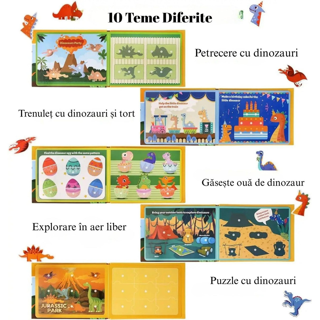 Copil utilizând Quiet Book Flippy Dinozauri, potrivire stickere în habitat, activitate Montessori