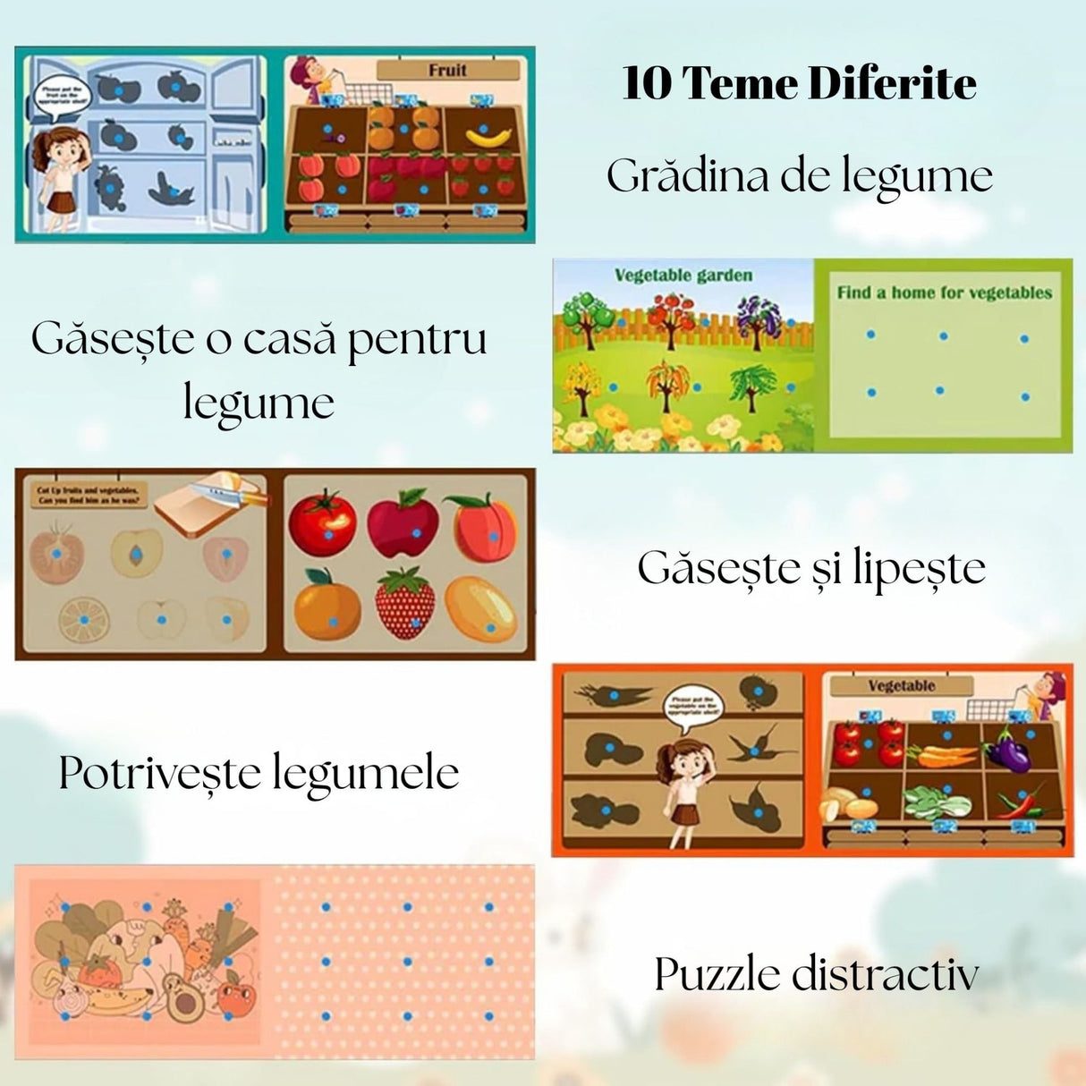 Detaliu stickere reutilizabile Velcro din cartea senzorială Flippy, joc Montessori multicolor