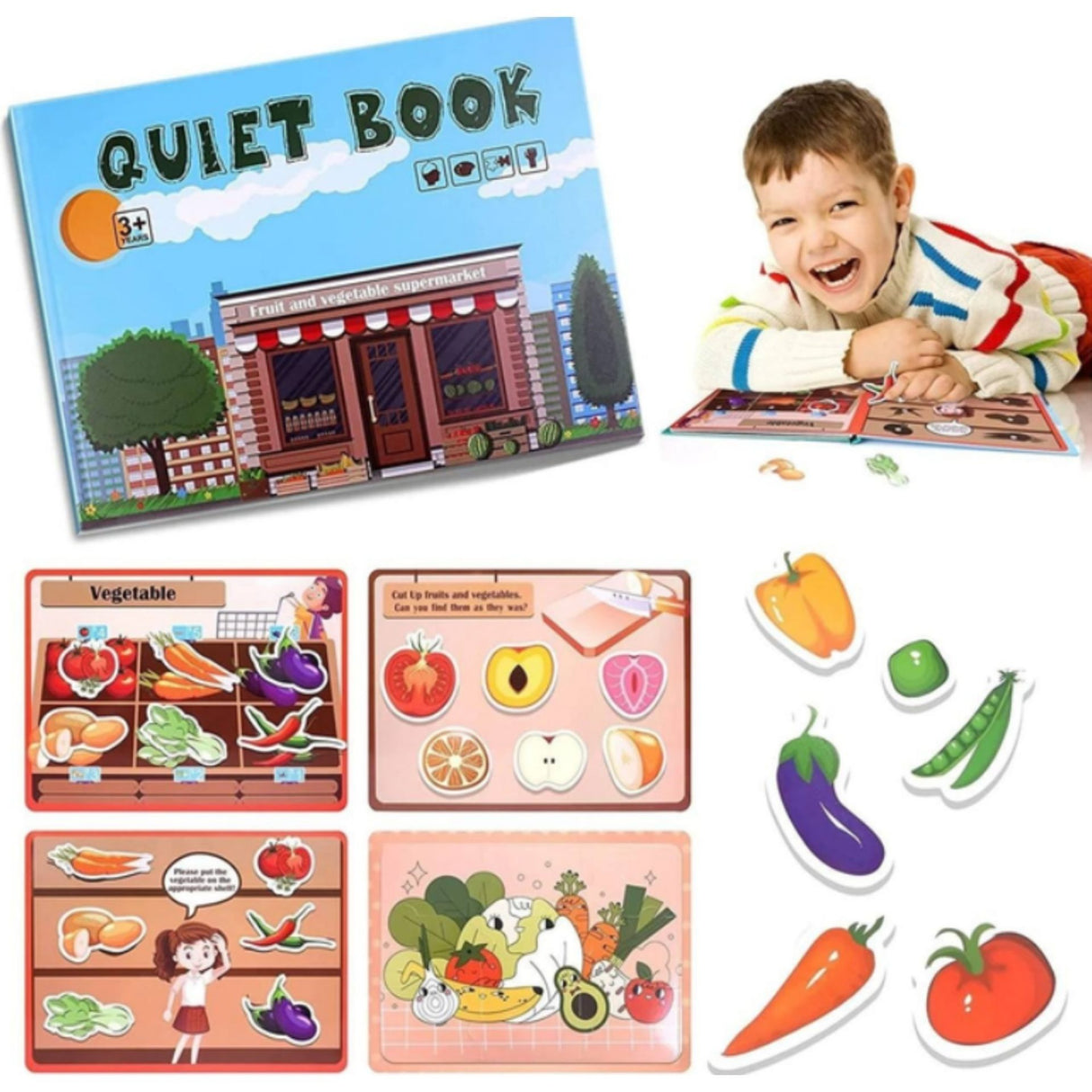Copil folosind cartea educativă Flippy Quiet Book Fructe și Legume, activitate de potrivire forme