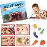 Copil folosind cartea educativă Flippy Quiet Book Fructe și Legume, activitate de potrivire forme